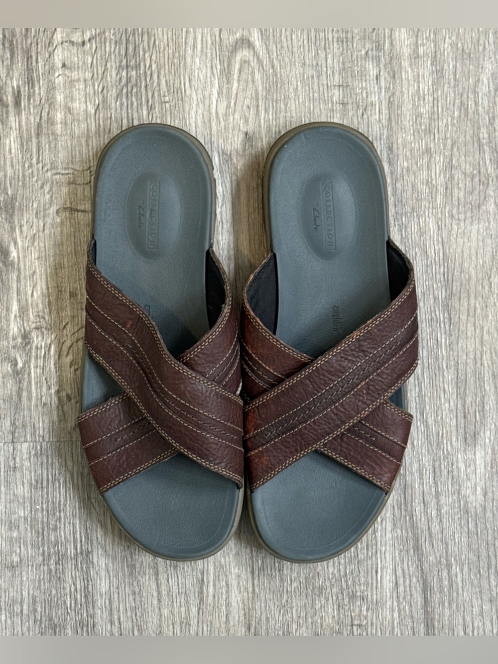 Clarks Men’s Brixby Cross Dark Brown Leather Slip On Slides Sandals Size 13